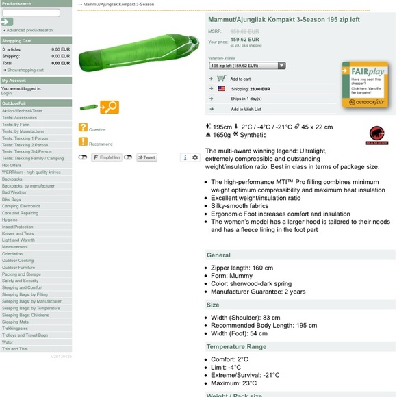 NWT mammut kopakt 3 season sleeping bag 165cm long - Picture 2 of 5